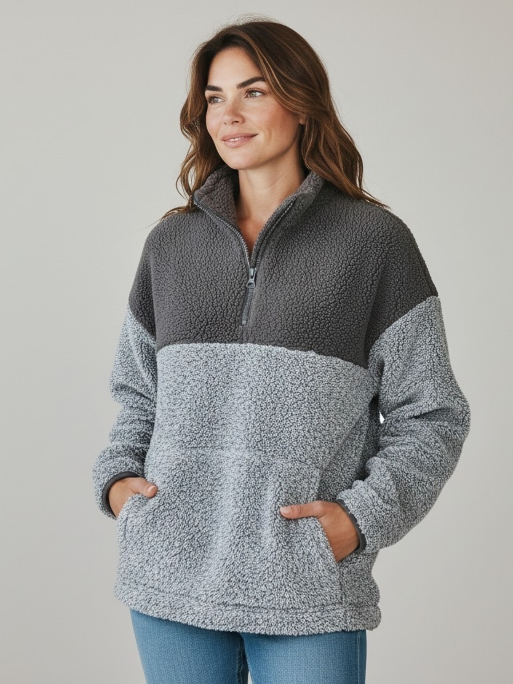Zenana Outfitters Colorblock Sherpa 1/4 Zip Pullover Gray Large